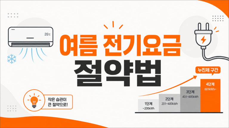 여름 전기요금 절약법 대표 인포그래픽 — 에어컨 습관·누진제·한전 할인 제도 안내