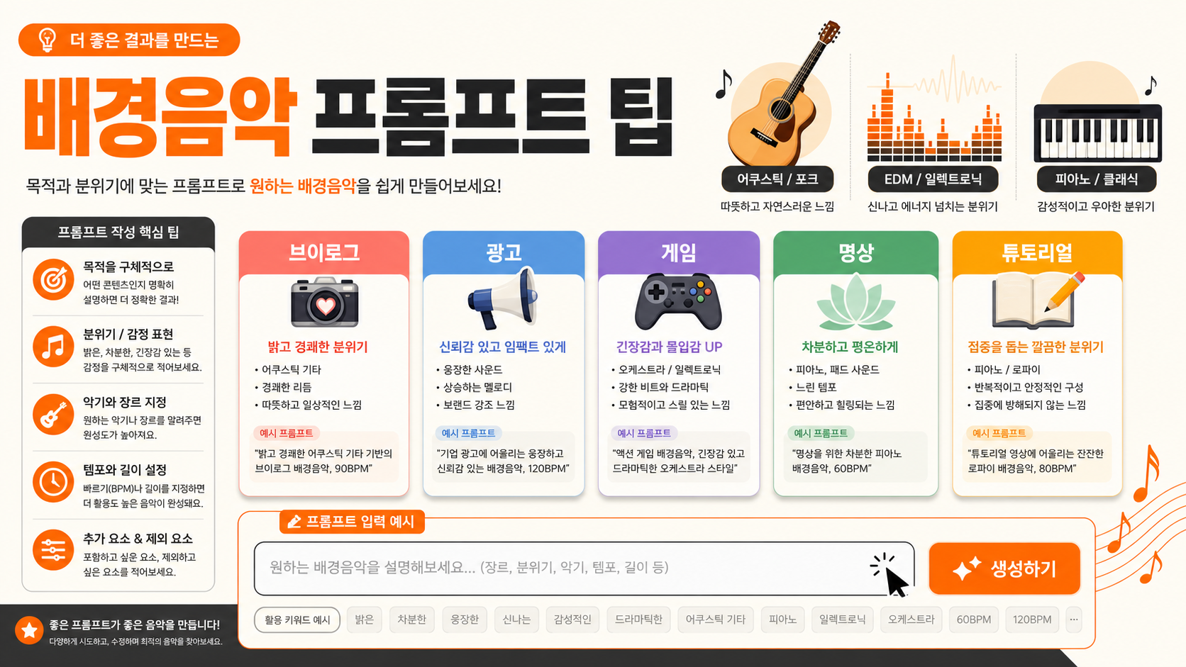 유튜브 배경음악 장르별 프롬프트 팁 인포그래픽