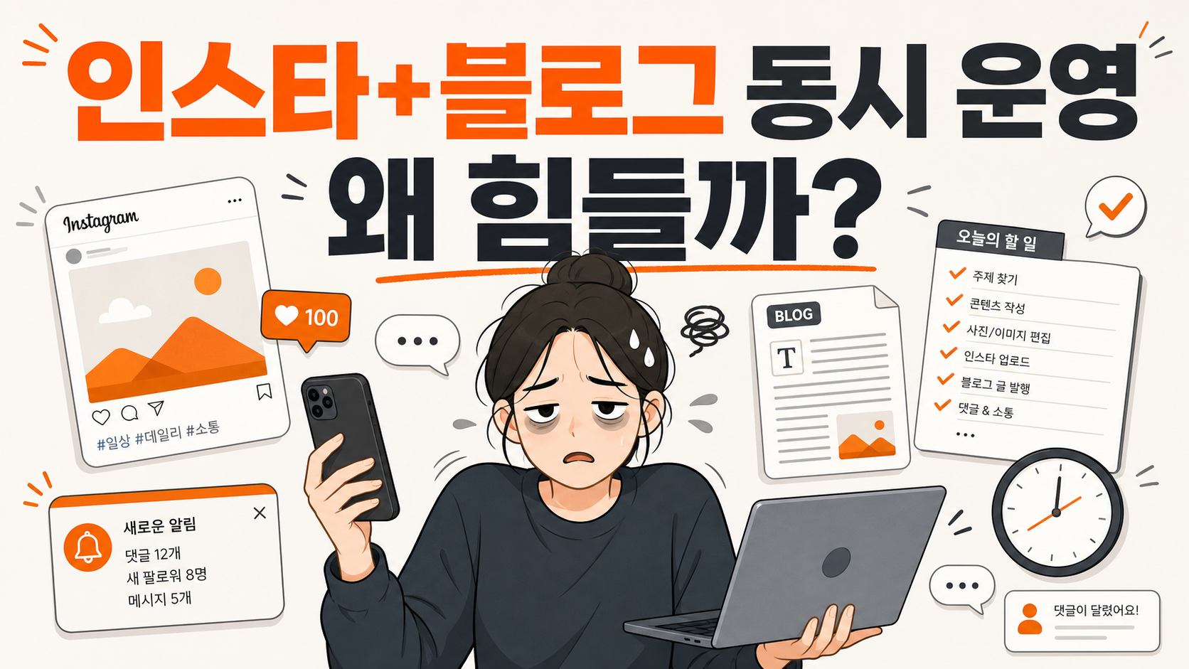 인스타그램과 블로그를 동시에 운영하며 힘들어하는 1인 크리에이터 일러스트