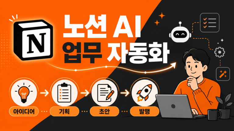노션 AI로 콘텐츠 업무를 자동화하는 1인 크리에이터를 표현한 인포그래픽