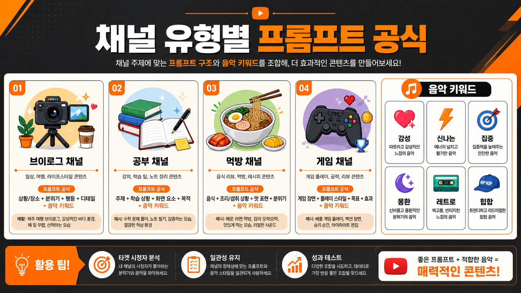 유튜브 채널 유형별 Suno 음악 프롬프트 추천 인포그래픽
