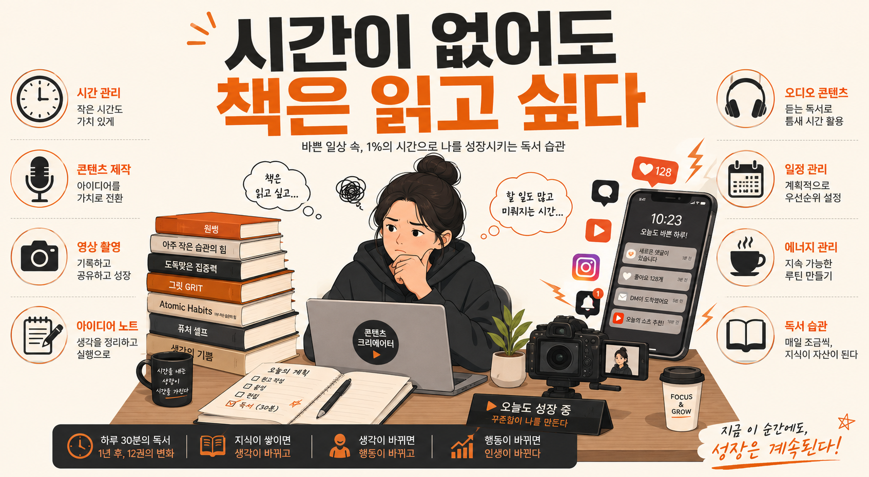 시간 부족으로 책 읽기 힘든 1인 크리에이터 공감 이미지