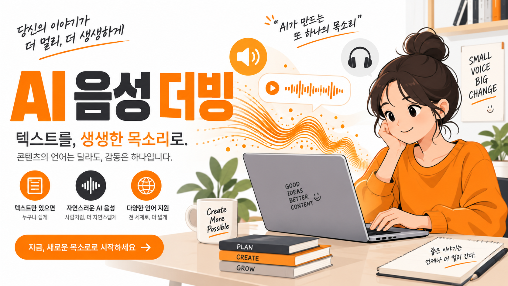AI 음성으로 영상 더빙하는 법 대표 이미지 — 마이크 없이 AI로 내레이션 완성