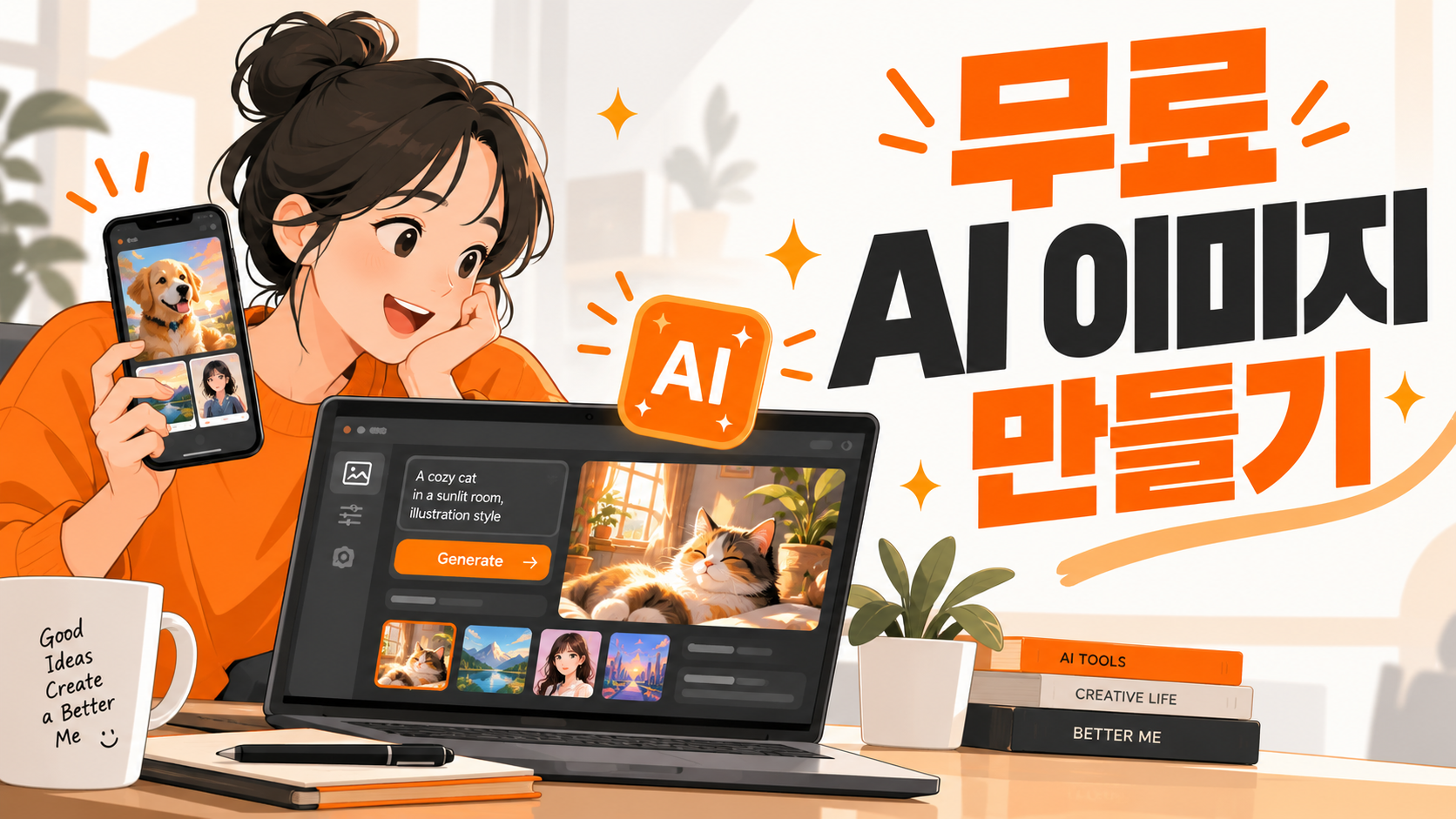 1인 크리에이터가 무료 AI 이미지 도구로 콘텐츠를 제작하는 인포그래픽