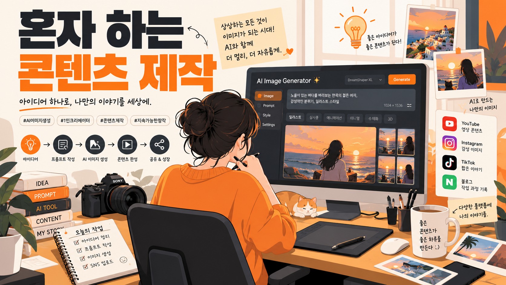 1인 크리에이터가 AI 이미지 도구를 활용하는 장면 일러스트
