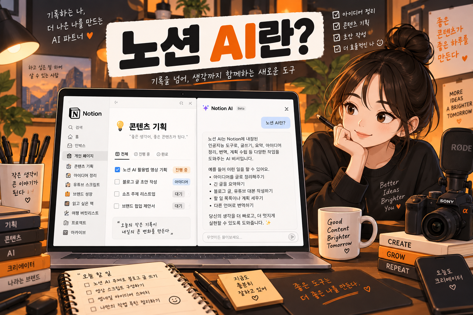 노션 AI가 1인 크리에이터에게 유용한 이유를 보여주는 일러스트