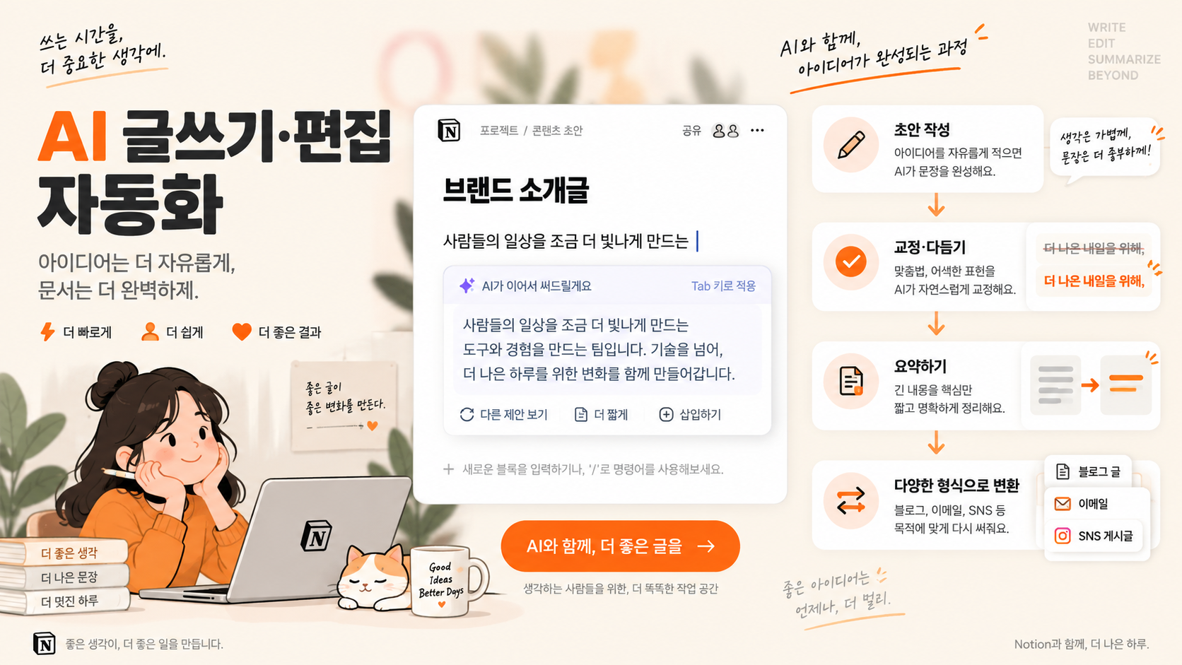 노션 AI를 활용한 글쓰기 및 편집 자동화를 설명하는 인포그래픽