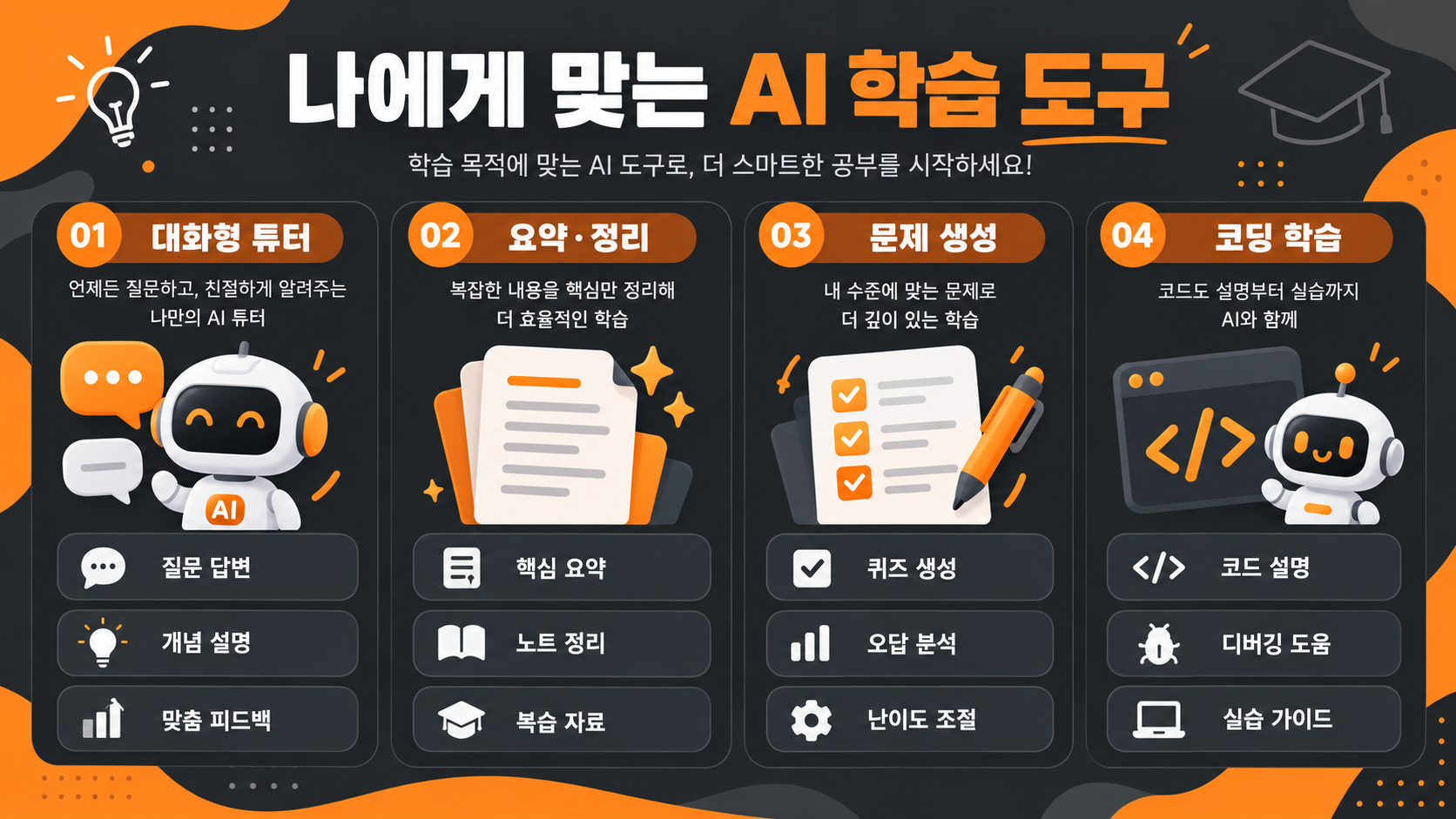 AI 학습 도구별 특징 비교 인포그래픽