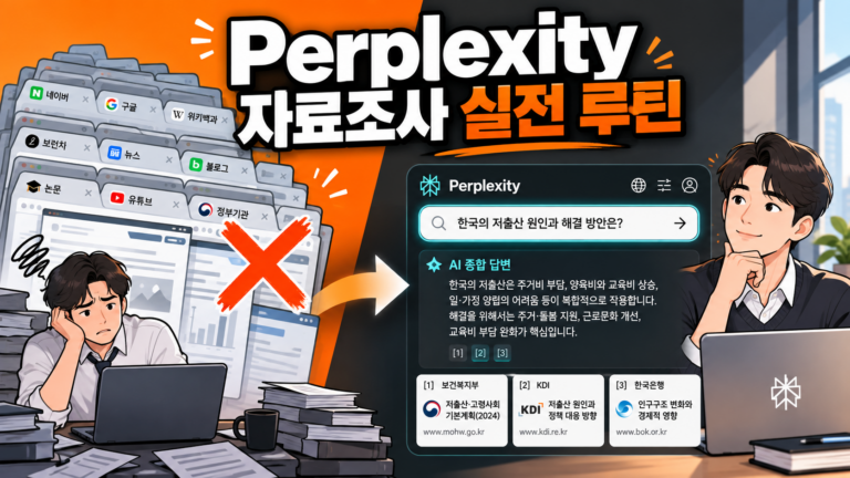 Perplexity AI 검색 도구로 자료조사 시간을 확 줄이는 실전 루틴 인포그래픽
